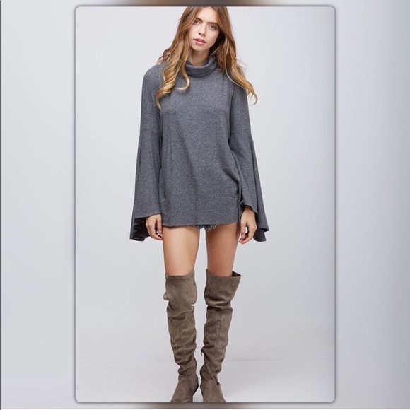 Charcoal Gray Bell Sleeve Open Back Sweater - Picture 2 of 4